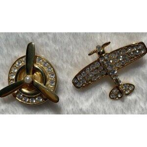 Vintage Gold-Tone & Rhinestone Airplane & Propeller Brooch Set